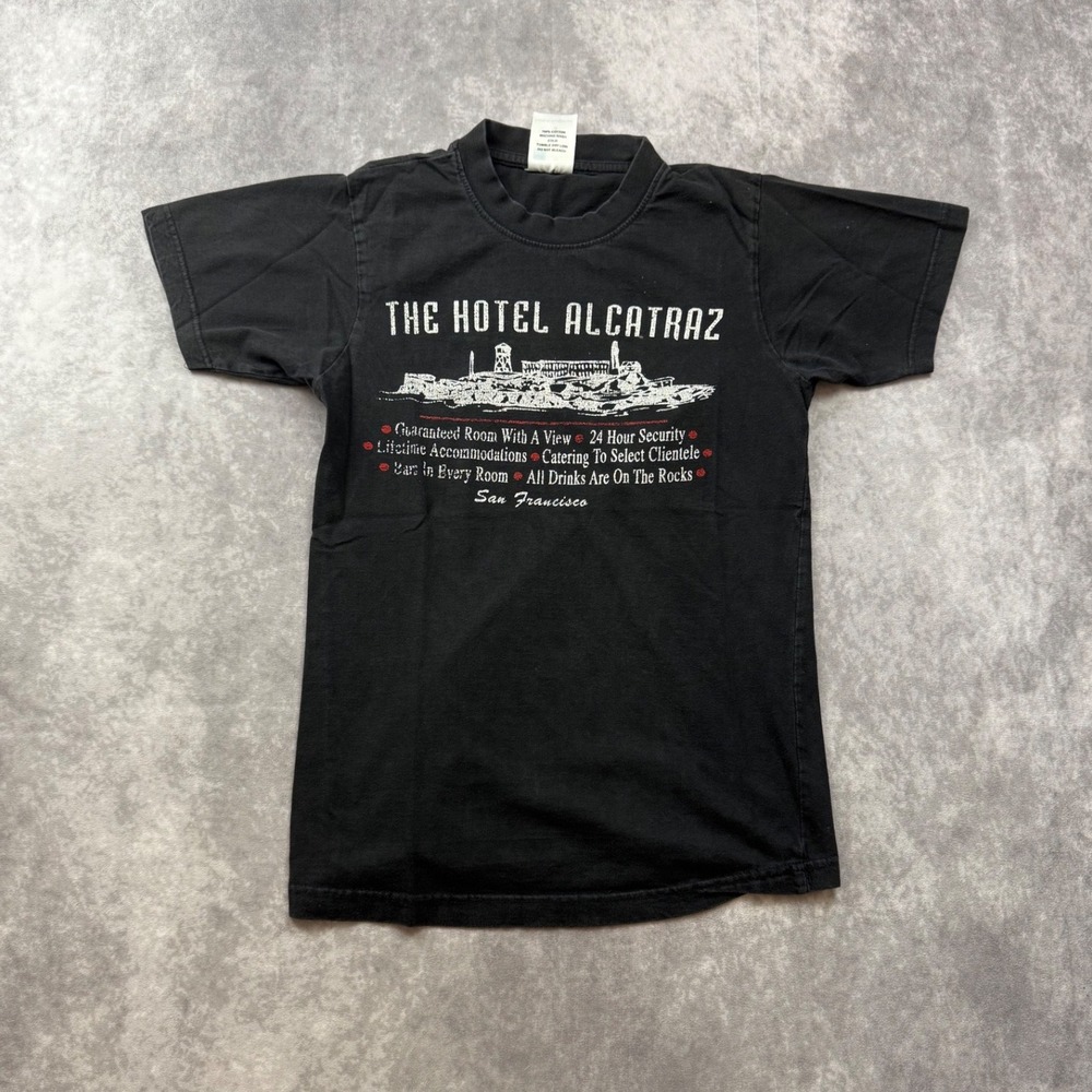 B&J The Hotel Alcatraz San Francisco Graphic T-Shirt Black Small Vintage Style